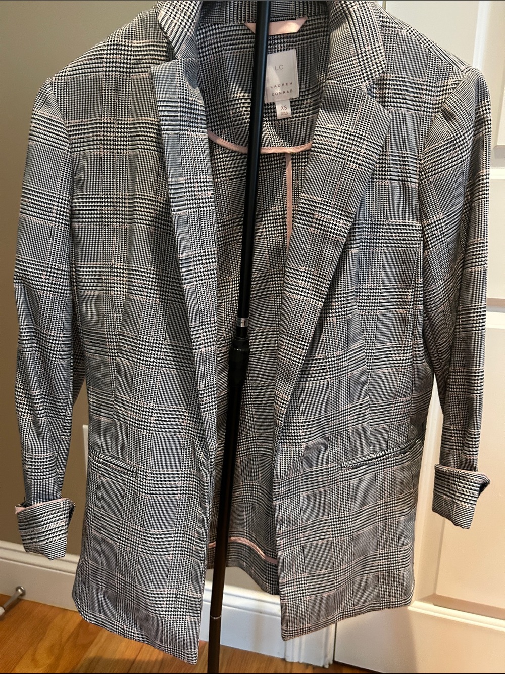 Lauren Conrad Plaid Open-Front Blazer Jacket in Black, White and Pink